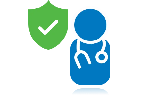 icon of a shield with a check mark alongside a doctor
